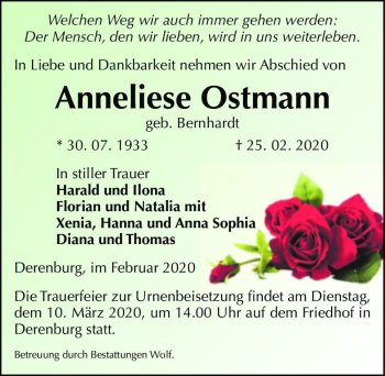 Traueranzeige von Anneliese Ostmann (geb. Bernhardt)  von Magdeburger Volksstimme