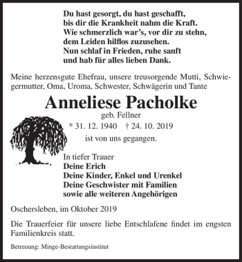 Traueranzeige von Anneliese Pacholke (geb. Fellner)  von Magdeburger Volksstimme