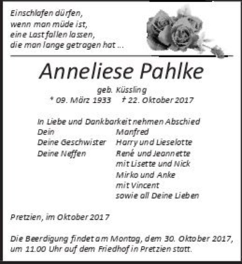 Traueranzeige von Anneliese Pahlke (geb. Küssling)  von Magdeburger Volksstimme