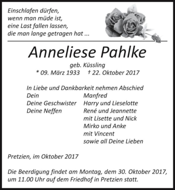 Traueranzeige von Anneliese Pahlke (geb. Küssling)  von Magdeburger Volksstimme