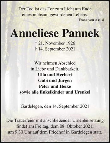 Traueranzeige von Anneliese Pannek  von Magdeburger Volksstimme