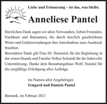 Traueranzeige von Anneliese Pantel  von Magdeburger Volksstimme