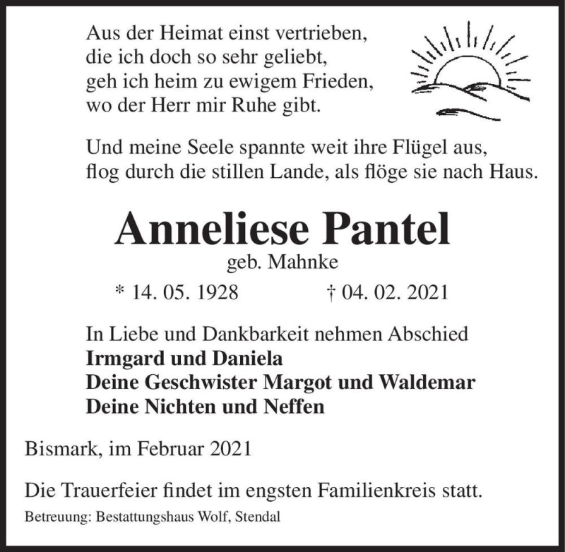  Traueranzeige für Anneliese Pantel (geb. Mahnke)  vom 09.02.2021 aus Magdeburger Volksstimme