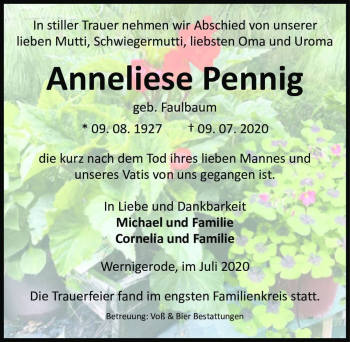 Traueranzeige von Anneliese Pennig (geb. Faulbaum)  von Magdeburger Volksstimme