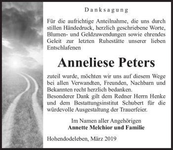 Traueranzeige von Anneliese Peters  von Magdeburger Volksstimme