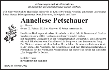 Traueranzeige von Anneliese Petschauer (geb. Krause)  von Magdeburger Volksstimme