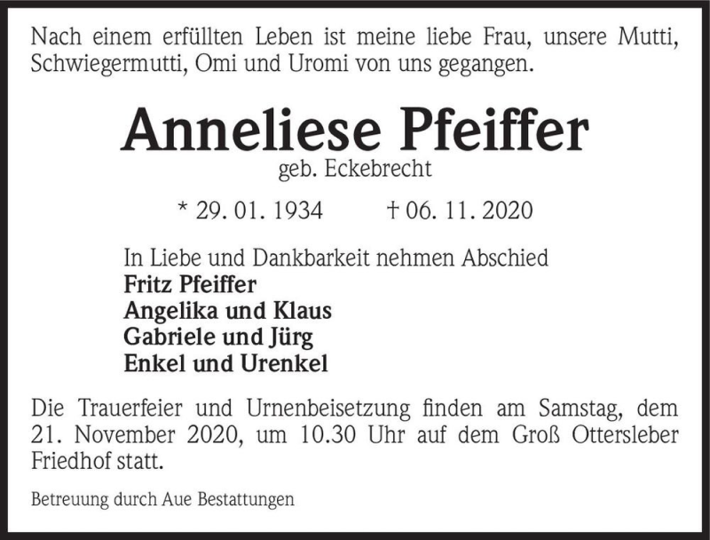  Traueranzeige für Anneliese Pfeiffer (geb. Eckebrecht)  vom 14.11.2020 aus Magdeburger Volksstimme