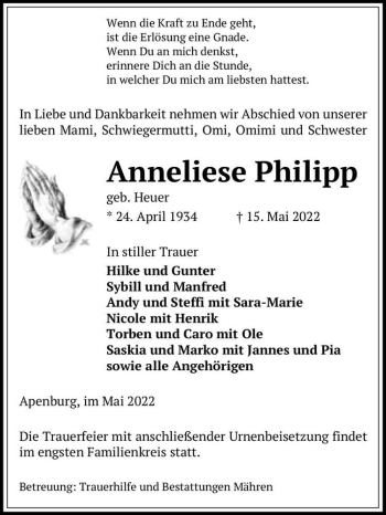 Traueranzeige von Anneliese Philipp (geb. Heuer)  von Magdeburger Volksstimme