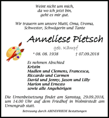 Traueranzeige von Anneliese Pietsch (geb. Kämpf)  von Magdeburger Volksstimme