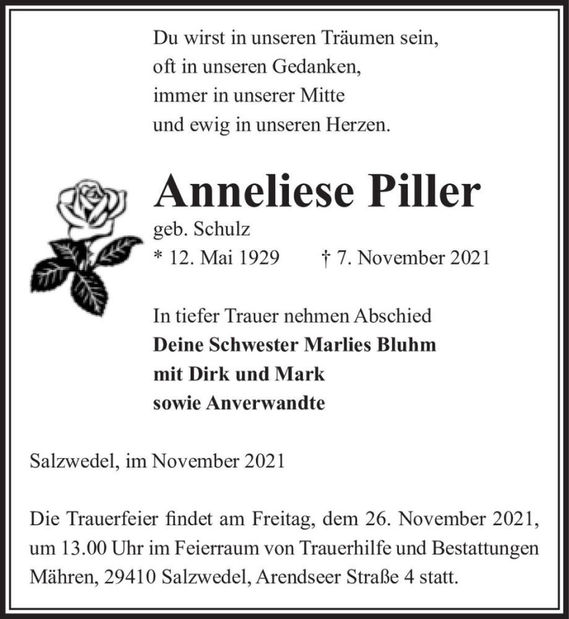  Traueranzeige für Anneliese Piller (geb. Schulz)  vom 10.11.2021 aus Magdeburger Volksstimme