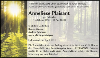 Traueranzeige von Anneliese Plaisant (geb. Schmelzer)  von Magdeburger Volksstimme