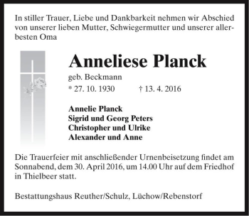 Traueranzeige von Anneliese Planck (geb. Beckmann)  von Magdeburger Volksstimme