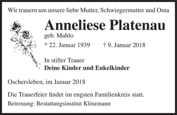 Traueranzeige von Anneliese Platenau (geb. Mahlo)  von Magdeburger Volksstimme