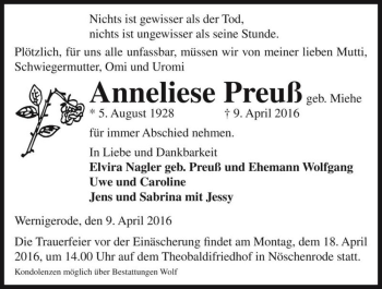 Traueranzeige von Anneliese Preuß (geb. Miehe)  von Magdeburger Volksstimme