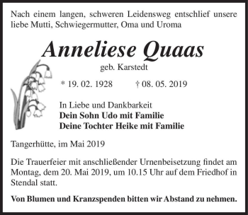 Traueranzeige von Anneliese Quaas (geb. Karstedt)  von Magdeburger Volksstimme