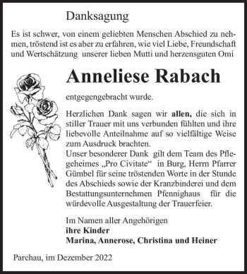 Traueranzeige von Anneliese Rabach  von Magdeburger Volksstimme