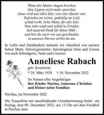 Traueranzeige von Anneliese Rabach (geb. Koschwitz)  von Magdeburger Volksstimme