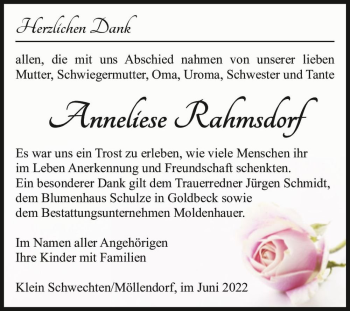 Traueranzeige von Anneliese Rahmsdorf  von Magdeburger Volksstimme