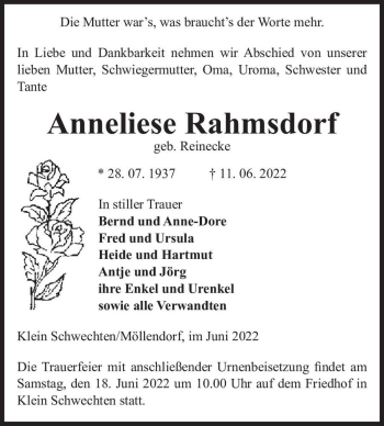 Traueranzeige von Anneliese Rahmsdorf (geb. Reinecke)  von Magdeburger Volksstimme