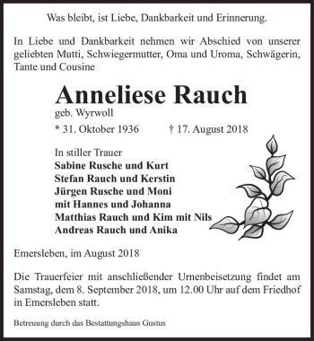 Traueranzeige von Anneliese Rauch (geb. Wyrwoll)  von Magdeburger Volksstimme