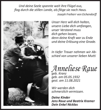 Traueranzeige von Anneliese Raue (geb. Kranz)  von Magdeburger Volksstimme