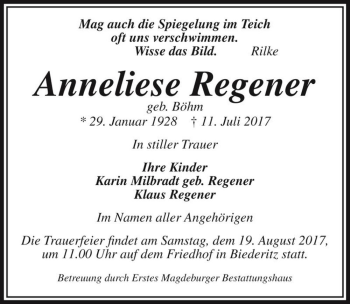 Traueranzeige von Anneliese Regener (geb. Böhm)  von Magdeburger Volksstimme