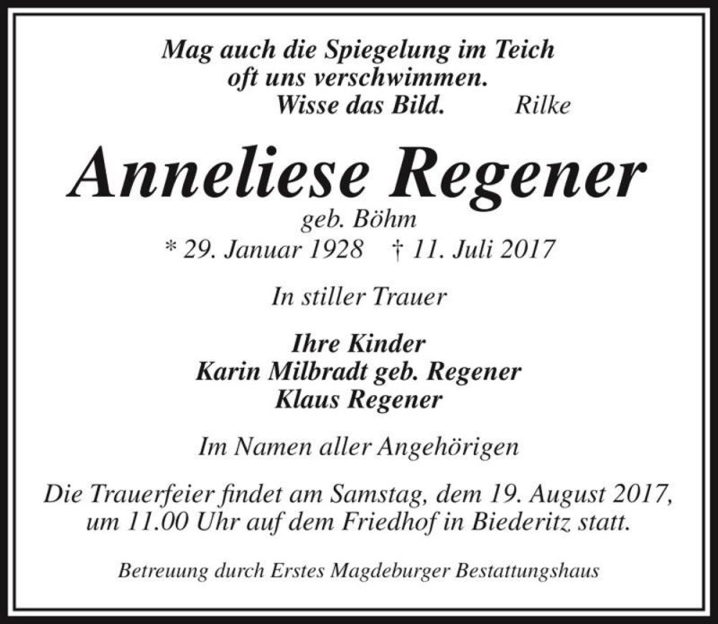  Traueranzeige für Anneliese Regener (geb. Böhm)  vom 22.07.2017 aus Magdeburger Volksstimme