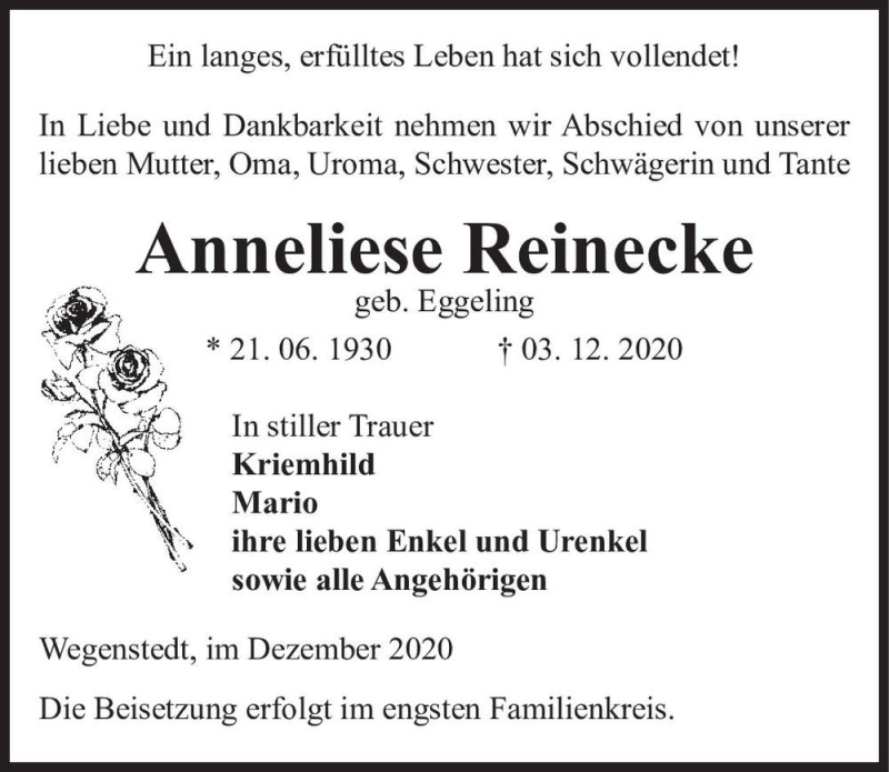  Traueranzeige für Anneliese Reinecke (geb. Eggeling)  vom 08.12.2020 aus Magdeburger Volksstimme