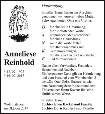 Traueranzeige von Anneliese Reinhold  von Magdeburger Volksstimme