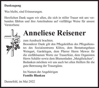 Traueranzeige von Anneliese Reisener  von Magdeburger Volksstimme