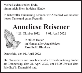Traueranzeige von Anneliese Reisener  von Magdeburger Volksstimme