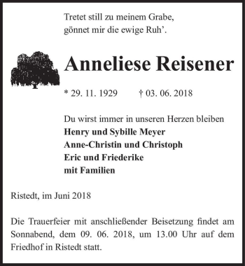 Traueranzeige von Anneliese Reisener  von Magdeburger Volksstimme