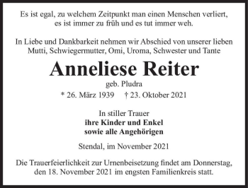 Traueranzeige von Anneliese Reiter (geb. Pludra)  von Magdeburger Volksstimme
