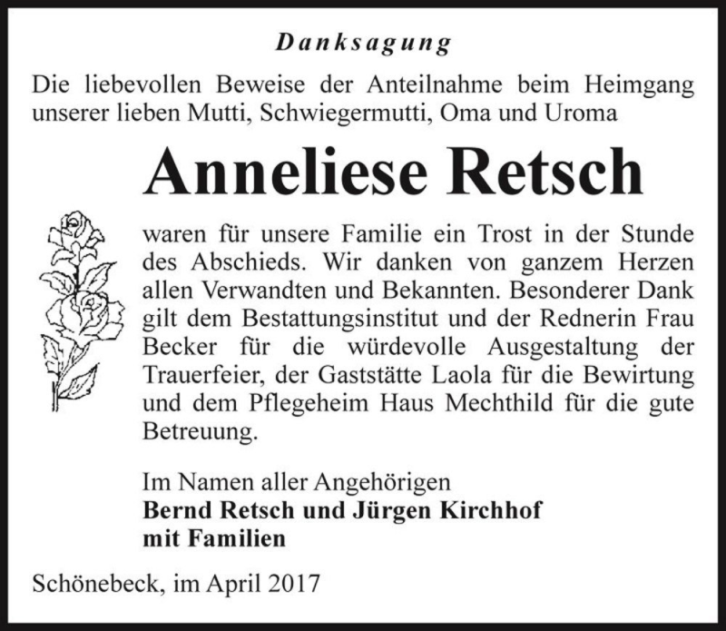  Traueranzeige für Anneliese Retsch  vom 22.04.2017 aus Magdeburger Volksstimme