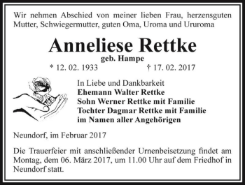 Traueranzeige von Anneliese Rettke (geb. Hampe)  von Magdeburger Volksstimme