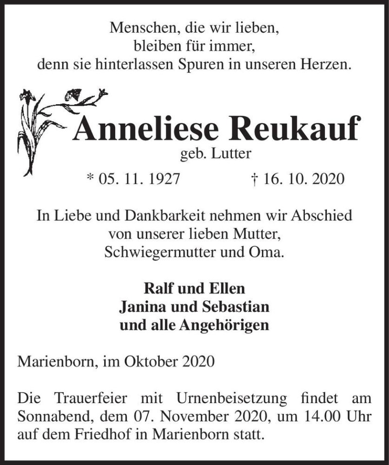  Traueranzeige für Anneliese Reukauf (geb. Lutter)  vom 24.10.2020 aus Magdeburger Volksstimme