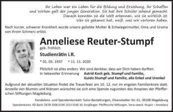 Traueranzeige von Anneliese Reuter-Stumpf (geb. Fröhlich)  von Magdeburger Volksstimme