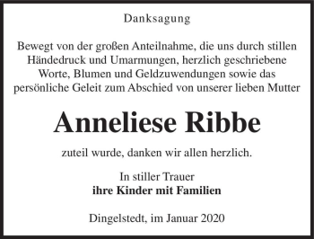 Traueranzeige von Anneliese Ribbe  von Magdeburger Volksstimme