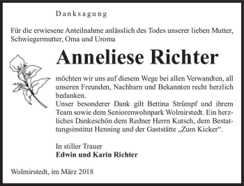 Traueranzeige von Anneliese Richter  von Magdeburger Volksstimme