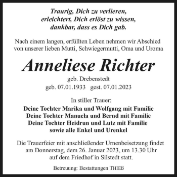 Traueranzeige von Anneliese Richter (geb. Drebenstedt)  von Magdeburger Volksstimme