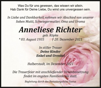 Traueranzeige von Anneliese Richter (geb. Köpke)  von Magdeburger Volksstimme