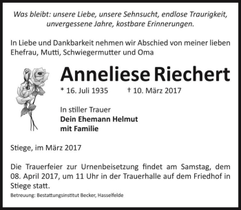 Traueranzeige von Anneliese Riechert  von Magdeburger Volksstimme