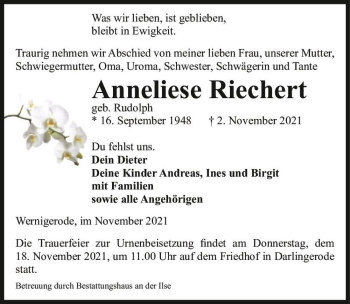 Traueranzeige von Anneliese Riechert (geb. Rudolph)  von Magdeburger Volksstimme