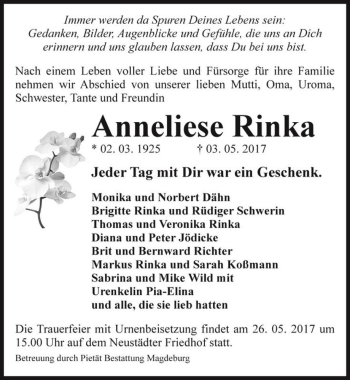 Traueranzeige von Anneliese Rinka  von Magdeburger Volksstimme