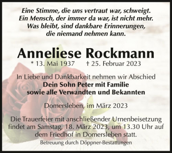 Traueranzeige von Anneliese Rockmann  von Magdeburger Volksstimme