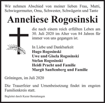 Traueranzeige von Anneliese Rogosinski  von Magdeburger Volksstimme
