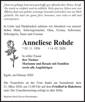 Traueranzeige von Anneliese Rohde  von Magdeburger Volksstimme