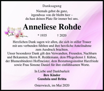 Traueranzeige von Anneliese Rohde  von Magdeburger Volksstimme