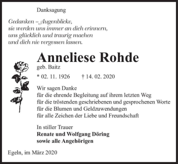 Traueranzeige von Anneliese Rohde (geb. Baitz)  von Magdeburger Volksstimme