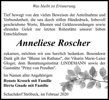 Traueranzeige von Anneliese Roscher  von Magdeburger Volksstimme